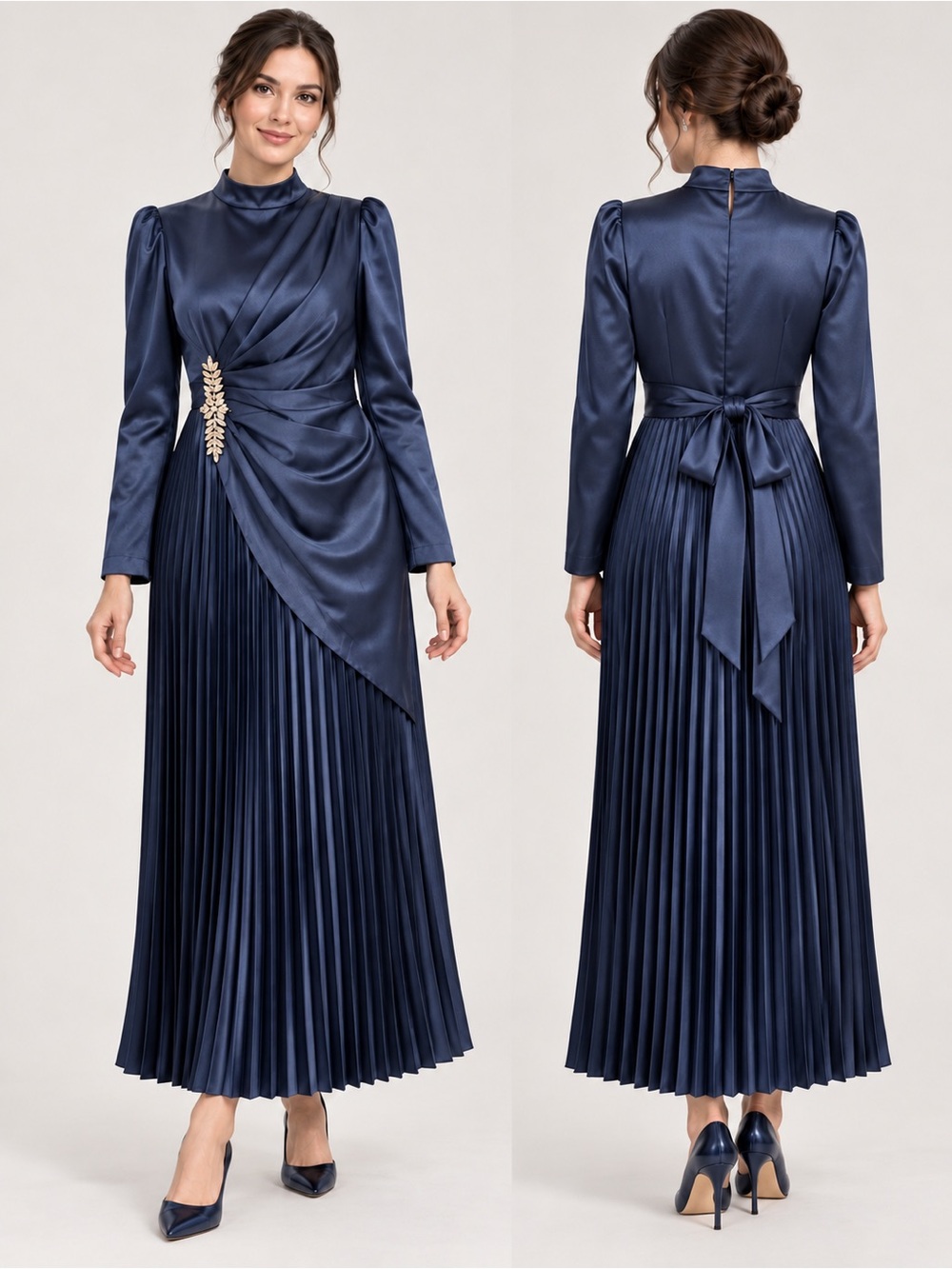 Navy Satin Long-Sleeve Pleated Midi Dress with Decorative Brooch